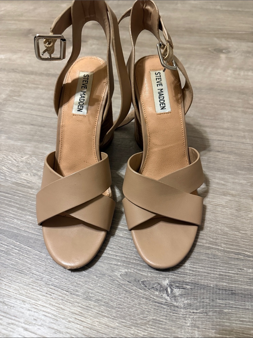 Steve Madden Nude Tan Crisscross Block Heel Sandals